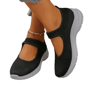 Breathable black fly-knit Mary Jane walking shoes with lightweight soft white sole
