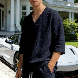 Schweres marineblaues Herren-Strickset mit V-Ausschnitt, lockeres Freizeit-T-Shirt