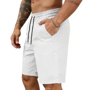 Detailed side view of white quick-dry men's casual beach shorts featuring elastic waist