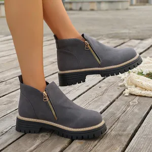 Botines casual de gamuza gris para mujer con cremallera dorada lateral y suela gruesa track