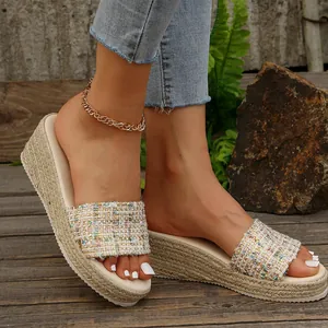 Sandalias de plataforma con cuña de esparto y tira de tweed mujer