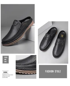 Close-up of premium black leather backless loafers for men with durable non-slip soles