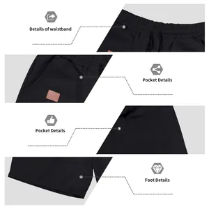 Detailed close-up views of black quick-dry men's athletic shorts showing fine details