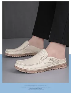 Side detail of cream genuine leather men's slip-on loafers with a soft non-slip sole.