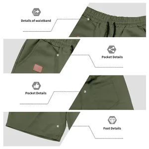 Macro detail views of army green quick-dry casual shorts for men's summer beach wear.