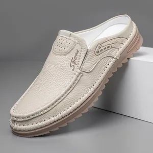 Men Genuine Leather Mules Casual Half Drag Shoes Soft Sole Non-Slip Slip-On Loafers Fashion Outdoor Footwear Lightweight Slippers