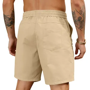 Back view of men's khaki quick-dry casual shorts with elastic waist and pocket