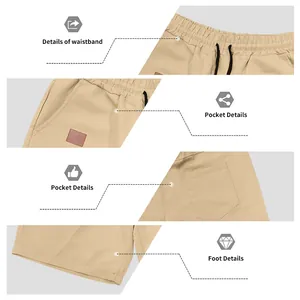 Detailed macro views of beige men's quick-dry shorts waistband, pockets, and hem