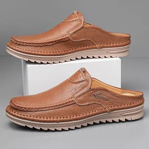 Classic brown genuine leather backless loafers with comfortable slip-on mule design for men