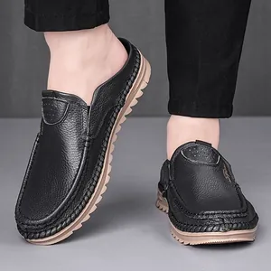 Men's black leather loafers with soft non-slip sole and comfortable slip-on design