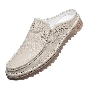 Men's breathable leather mules with anti-slip soft sole and pebble grain finish shoe