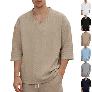 Herren Heavyweight V-Ausschnitt T-Shirt Loose Fit Überschnittene Schulter Kurzarm Top Polyester Smart Casual T-Shirt