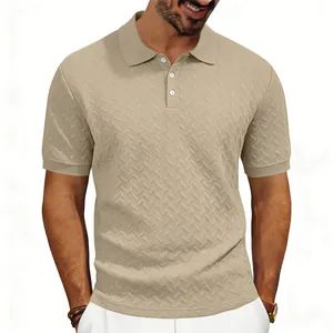 Men's khaki textured polo shirt with short sleeves and herringbone pattern details.