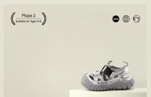 Detailed view of silver baby outdoor sandals with protective toe cap and buckle strap.