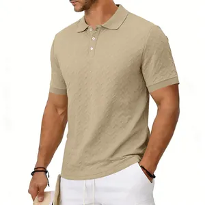 Detailed view of the khaki textured jacquard fabric on a short-sleeved polo shirt for men