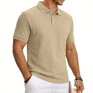 Men's khaki textured jacquard polo shirt detail showing premium fabric pattern and fit.