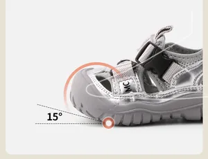 Detail of baby walking sandal featuring a 15-degree ergonomic toe-up design