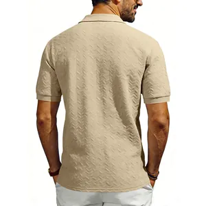 Back view of a beige heavyweight polo shirt featuring a textured jacquard chevron pattern.