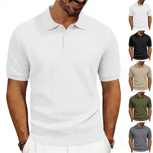 Detailed view of men's heavyweight short sleeve polo shirt with textured jacquard pattern