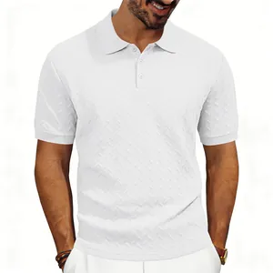 Close-up of white short-sleeved Polo shirt featuring a detailed jacquard chevron texture