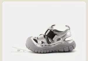 Silver toddler walking sandals with 15-degree toe tilt for better walking posture