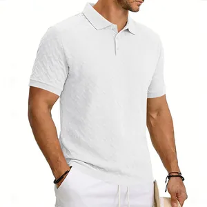 Close-up of men's white short-sleeved Polo shirt with textured jacquard fabric