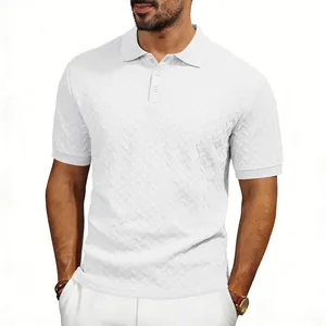 Close-up of white men's short sleeve polo shirt showing premium jacquard chevron texture