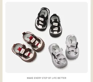 Detail view of toddler breathable walking sandals featuring velcro straps and non-slip soft soles.
