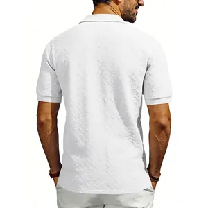 Close-up back view of a white textured short-sleeved polo shirt featuring jacquard patterns