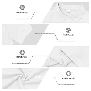 Detail views of white polo shirt showing collar, cuff, hem, and textured fabric.