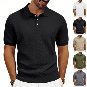 Premium men's textured knit polo shirt with short sleeves in multiple solid colors