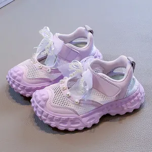 Stylish lavender purple girls' princess sandals featuring mesh lace and pearl accents