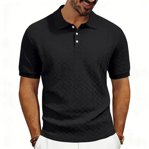 Detailed texture of black heavy-weight short sleeve polo shirt with jacquard pattern