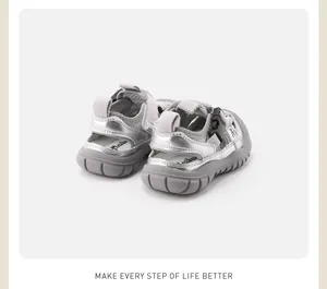 Rear view detail of silver breathable toddler sandals featuring soft non-slip soles