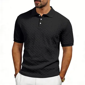 Detail of black men's short sleeve polo shirt with textured chevron jacquard pattern