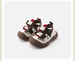 Toddler brown breathable walking sandals with Velcro straps and buckle details