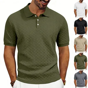 Detail view showing the herringbone texture of this heavy men's jacquard knit polo shirt