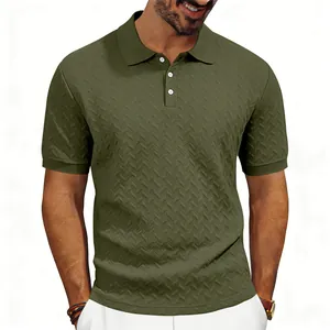 Detail view of green textured polo shirt showing vertical herringbone pattern knit