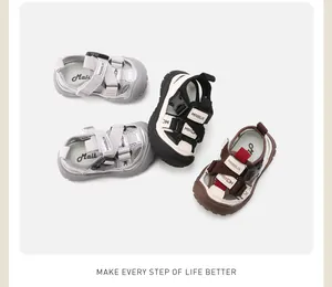 Collection of breathable non-slip baby walking sandals in grey, black, and brown