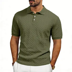 Detail view of olive green men's polo shirt featuring a unique textured zigzag knit pattern