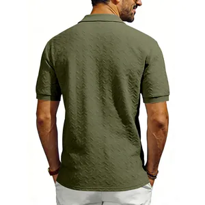Detail view showing the back texture of a men's olive green jacquard Polo shirt