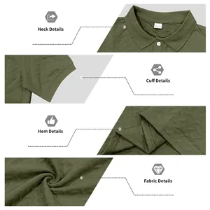 Detailed views of textured jacquard polo shirt showing neck, cuffs, and hem