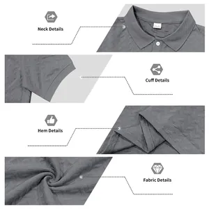 Detailed macro views of the collar, cuffs, hem, and textured jacquard fabric of a polo shirt