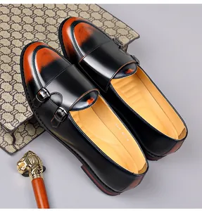Classic retro British style men's monk strap leather shoes with orange burnished toe