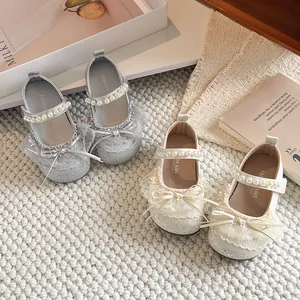 Chaussures Princesse Douces pour Filles Nœud Perle Dentelle Paillettes Mary Jane Semelle Souple Chaussures en Cuir pour Enfants Mariage Fête