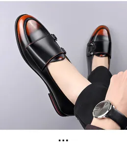 Close-up of retro British style monk strap leather shoes with orange burnished toe