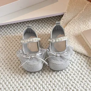 Élégantes chaussures de princesse argentées à paillettes pour fille avec nœud en dentelle