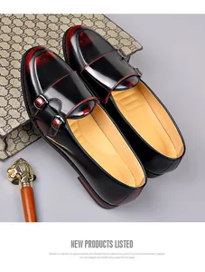 Vintage British style men's black leather loafers with buckle and red distressed finish