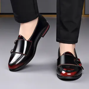 Classic British style men's black leather monk strap shoes with stylish red patina finish