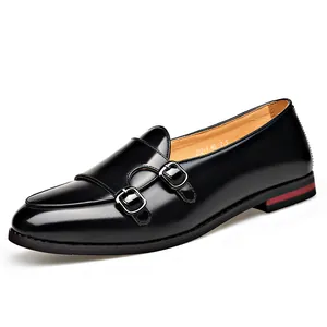 Classic black men's double monk strap leather shoes with retro English style design.